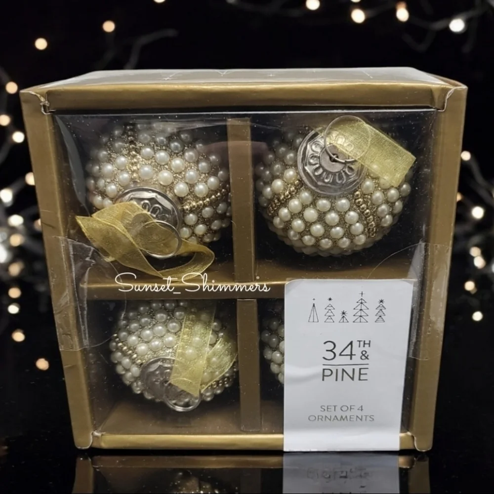 4pc Set Gold Beaded Pinecone / Egg Corn Glass Kugal Style Christmas Ornaments
